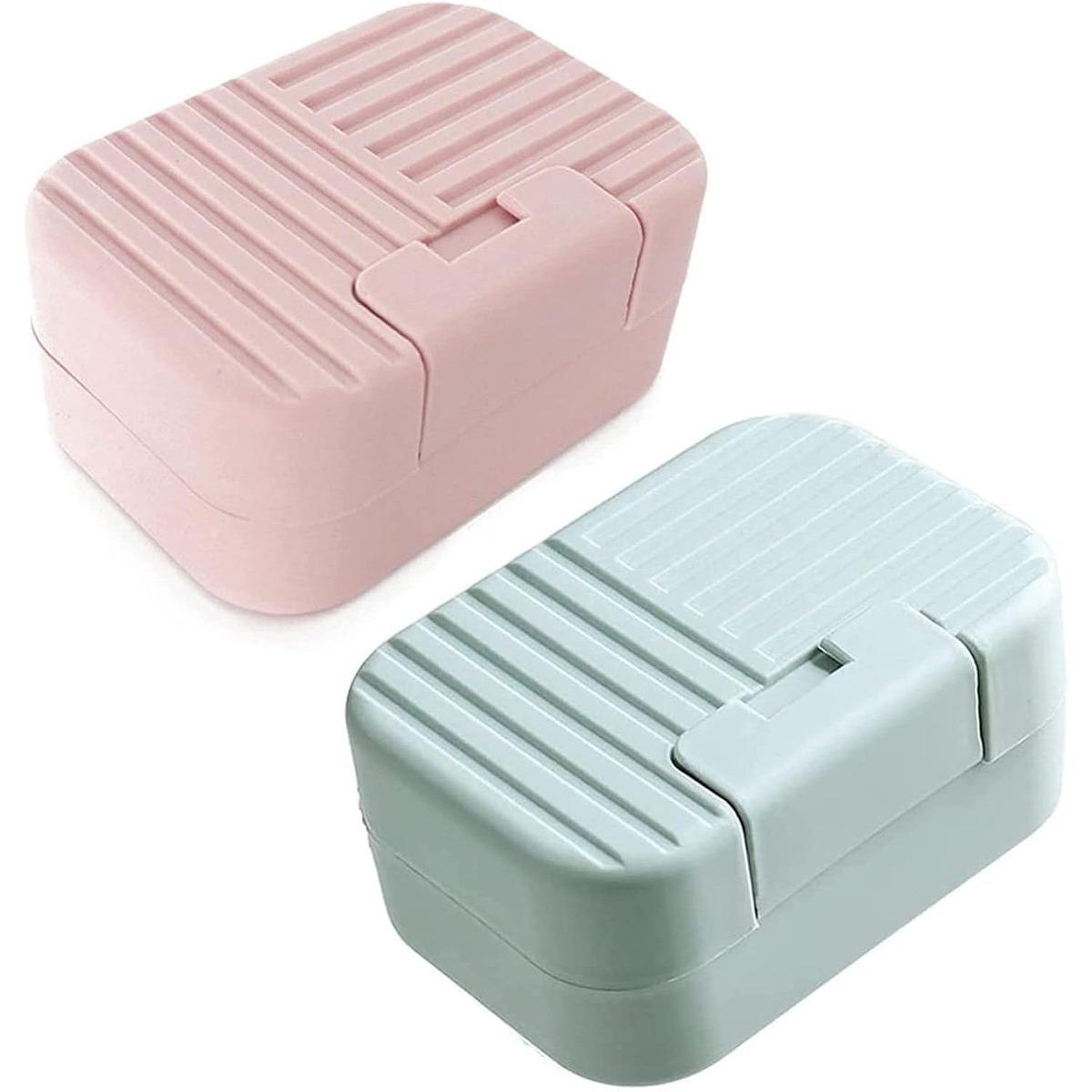Jabonera con tapa - 2 unidades - Jabonera portátil ideal para el baño, la ducha o para acampar - Rosa/Azul