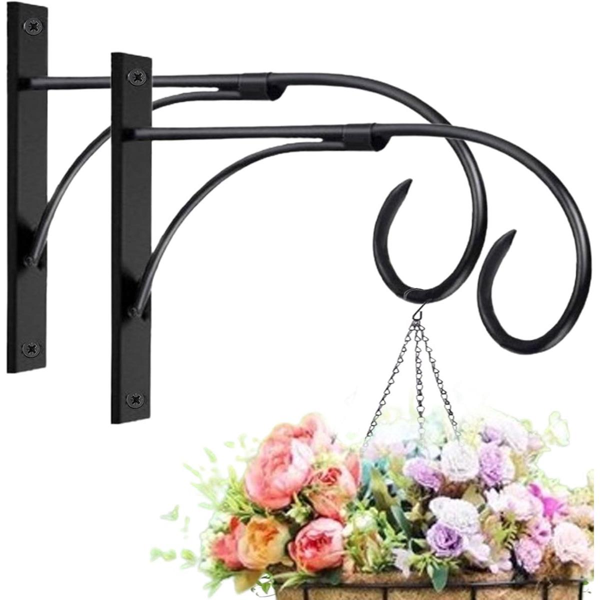 Gancho para plantas - 2 piezas - 26,7 cm - Gancho para flores - Metal - Gancho de pared - Colgador de plantas - Gancho de pared - Gancho de pared para plantas - Gancho de pared para cestas colgantes - Negro