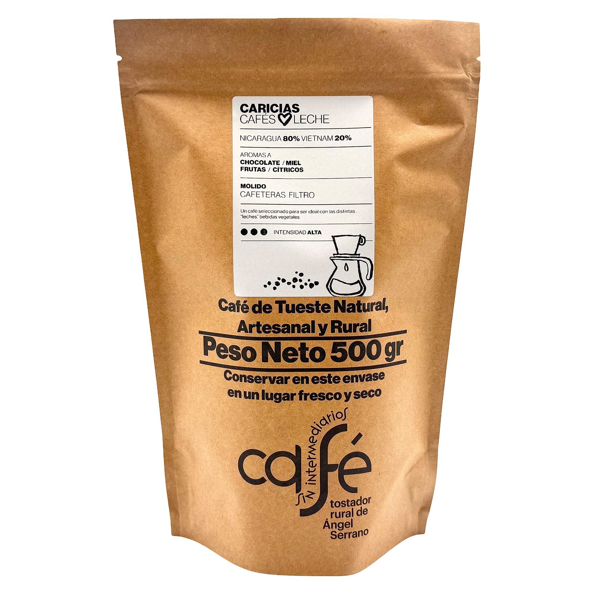 CAFÉ SIN INTERMEDIARIOS - Café de Nicaragua y Vietnam - Caricias - Ideal para combinar con leche - Intensidad de sabor Alta - Recién tostado y envasado - 500 g Grano o Molido (Exprés, Filtro, Italiana, Americana, Superautomática)