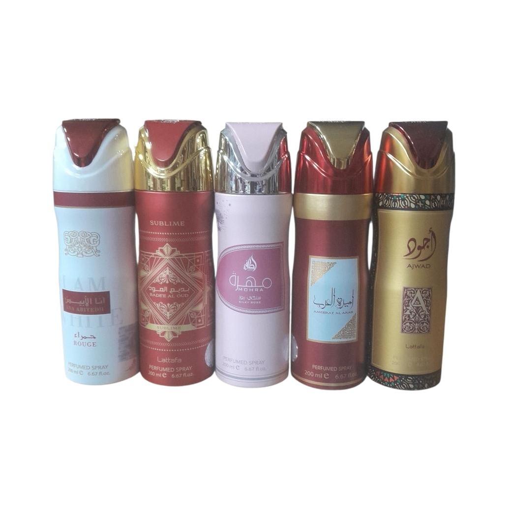 Pack 5 Uniades - Desodorantes para Mujer - Musamam White , Badde Rojo 200 Ml , Mojra Rosa 200 Ml , Ameerat Al Arab , Ajwat - Lattafa Set 5 Uni