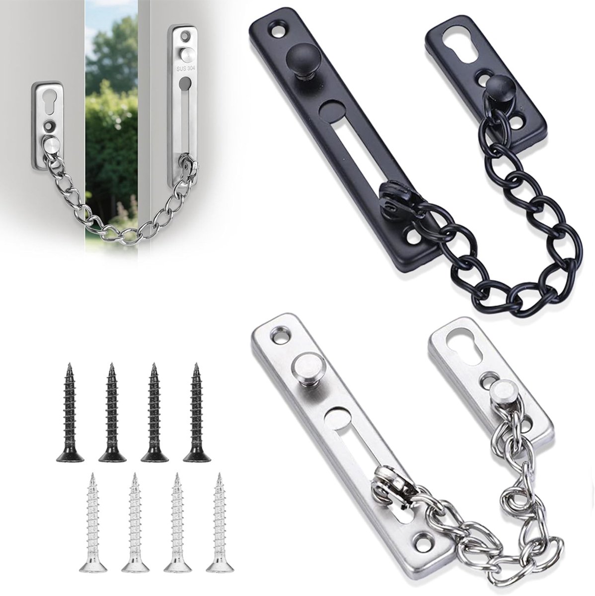 2x Cadena para puerta - Cerradura para puerta - Cadena para puerta de casa - Cerradura de cadena para puerta - Cadena para puerta - Cerradura de seguridad para puerta con cadena - Cerraduras de cadena para puerta con resorte de seguridad - Pestillo antirr