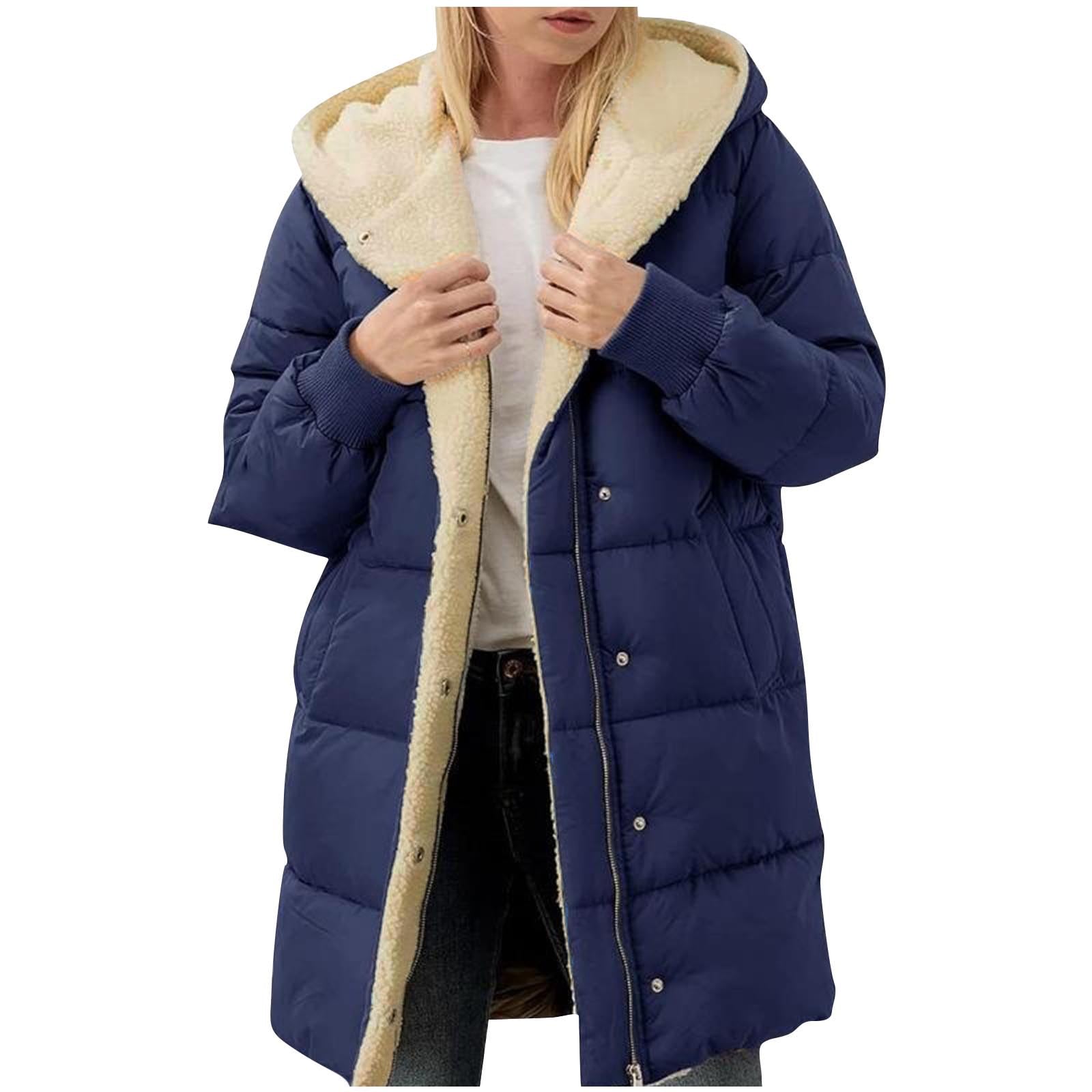 TK Abrigo largo acolchado con forro de piel de oveja, chaqueta de invierno para mujer con capucha y bolsillos, talla grande 2025