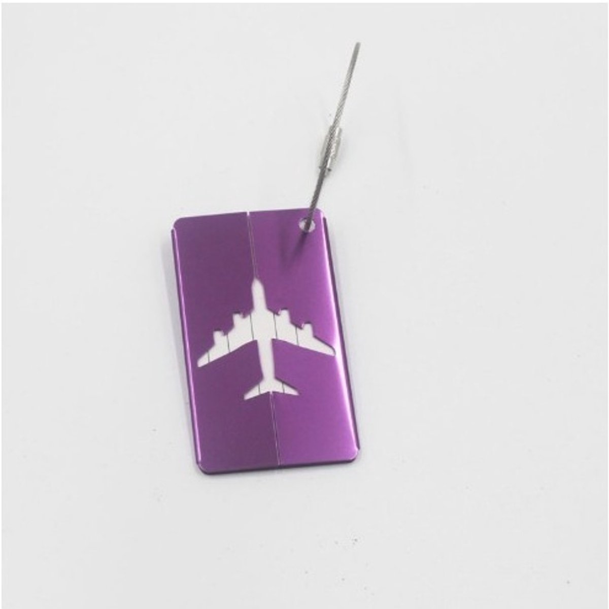 Aluminium bagagelabel met roestvrijstalen koord, waterdicht, met PVC-kaartje, geschikt voor koffers en rugzakken, Paars (7,5 x 4,5 cm).