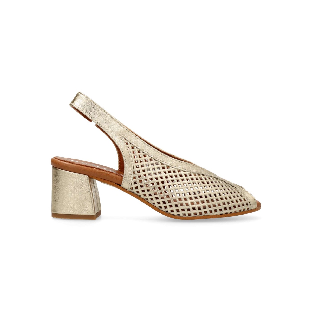 Vanessa Calzados - Zapato salón VANESSA de piel troquelada con punta descubierta y tacón ancho de 5,5 cm para celebraciones, color platino