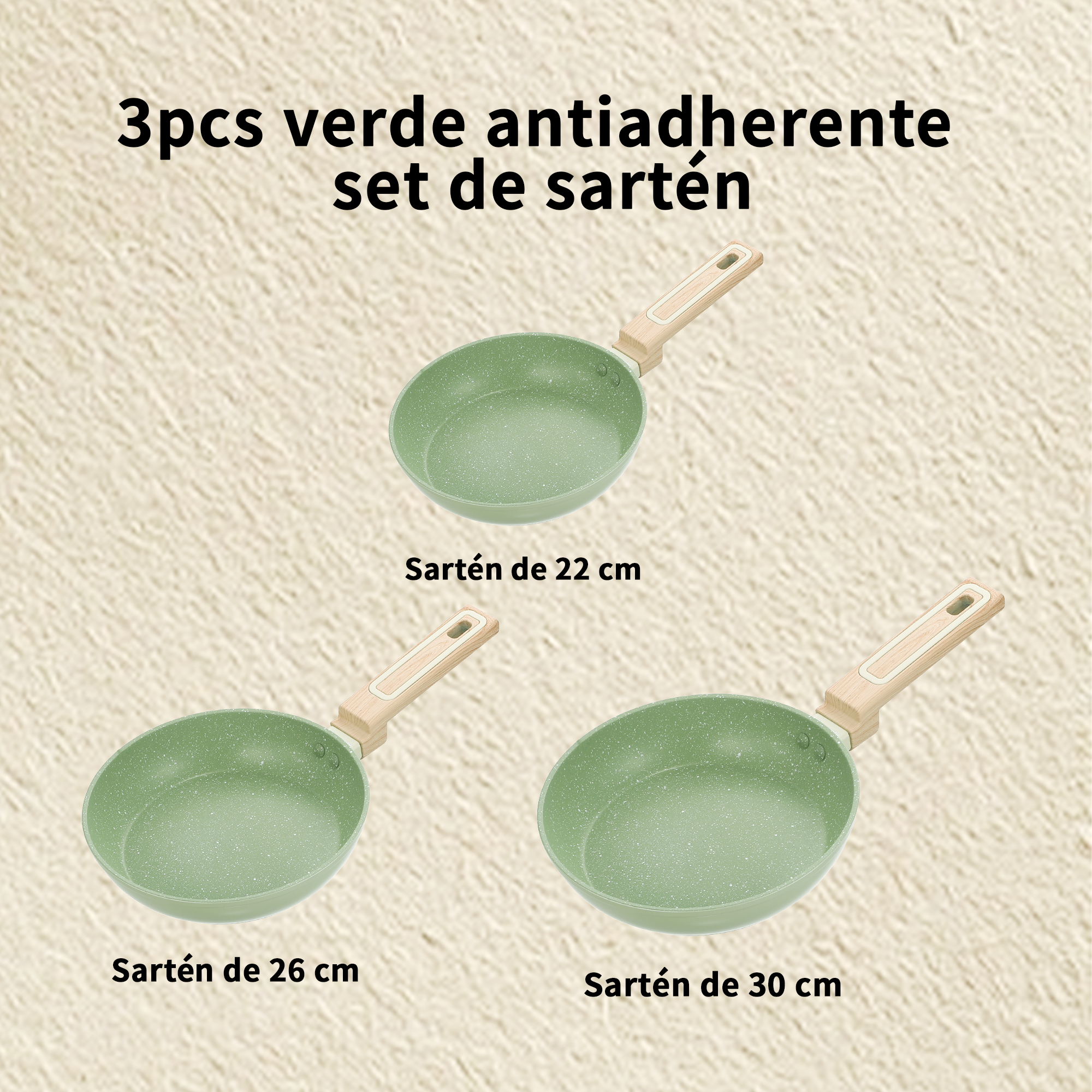 Family Set de 3 Sartenes Antiadherentes de Aluminio (24/26/30 cm) con Mango Efecto Madera y Recubrimiento Verde Seguro