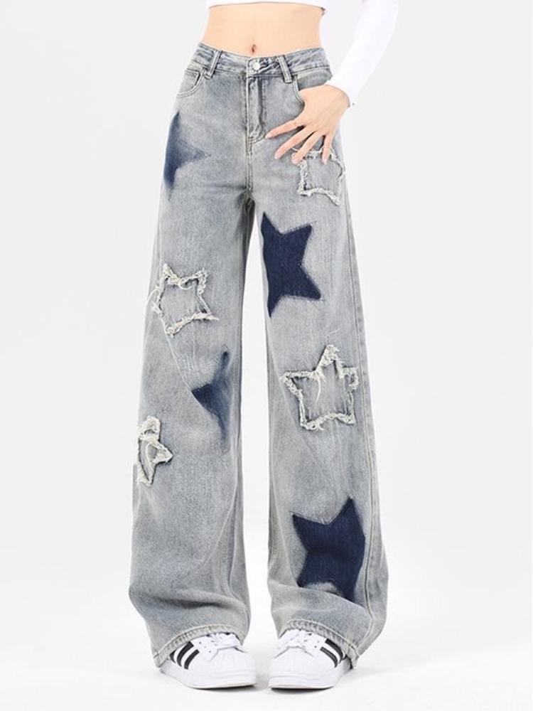 TK americano Retro Estrella Patrón Jeans Pantones Mujeres RAW Borde Empalme Vintage Pierna Ancha Pantalones Mujer Solta Fashion Todo-fósforo Trapear Pantalones 1