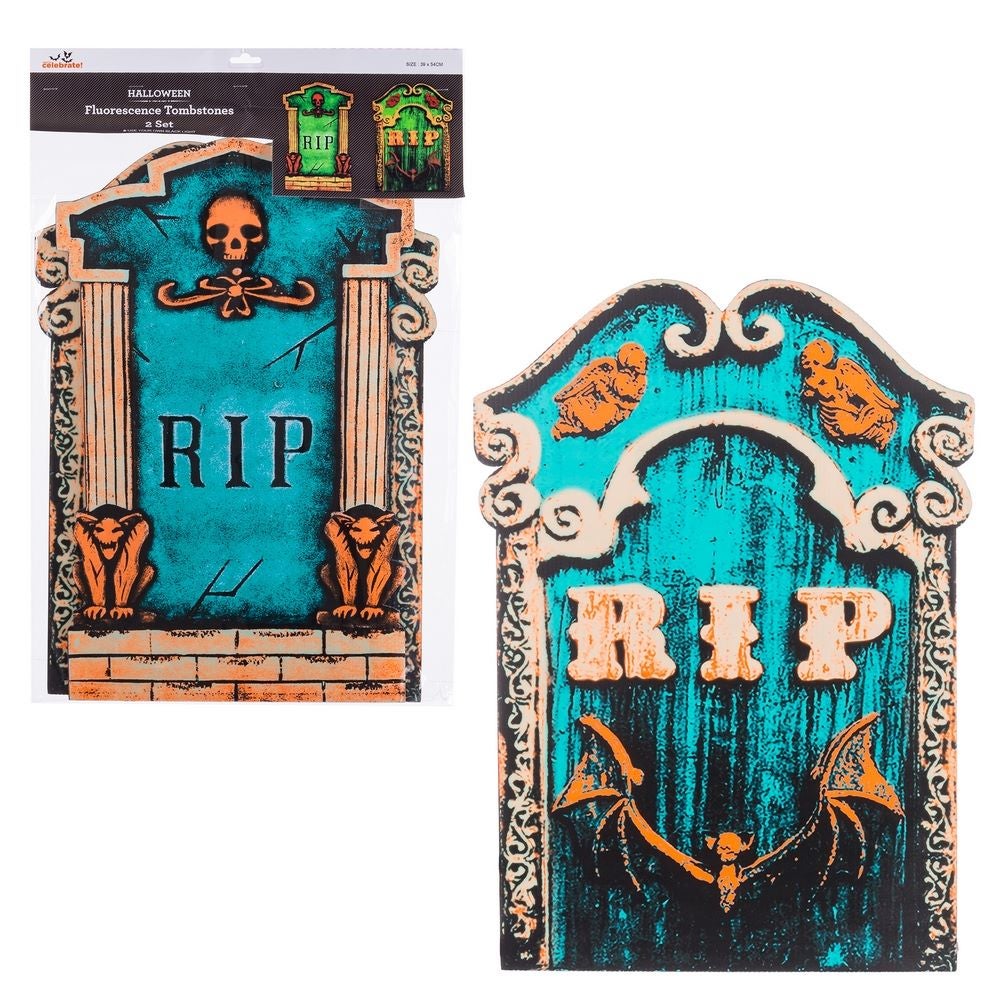 Set de 2 lápidas fluorescente polipropileno azul 39x59x0,5 cm Brilla en la oscuridad creando una atmósfera terrorífica, apto como decoración en fiestas temáticas o eventos del terror. LOLAhome