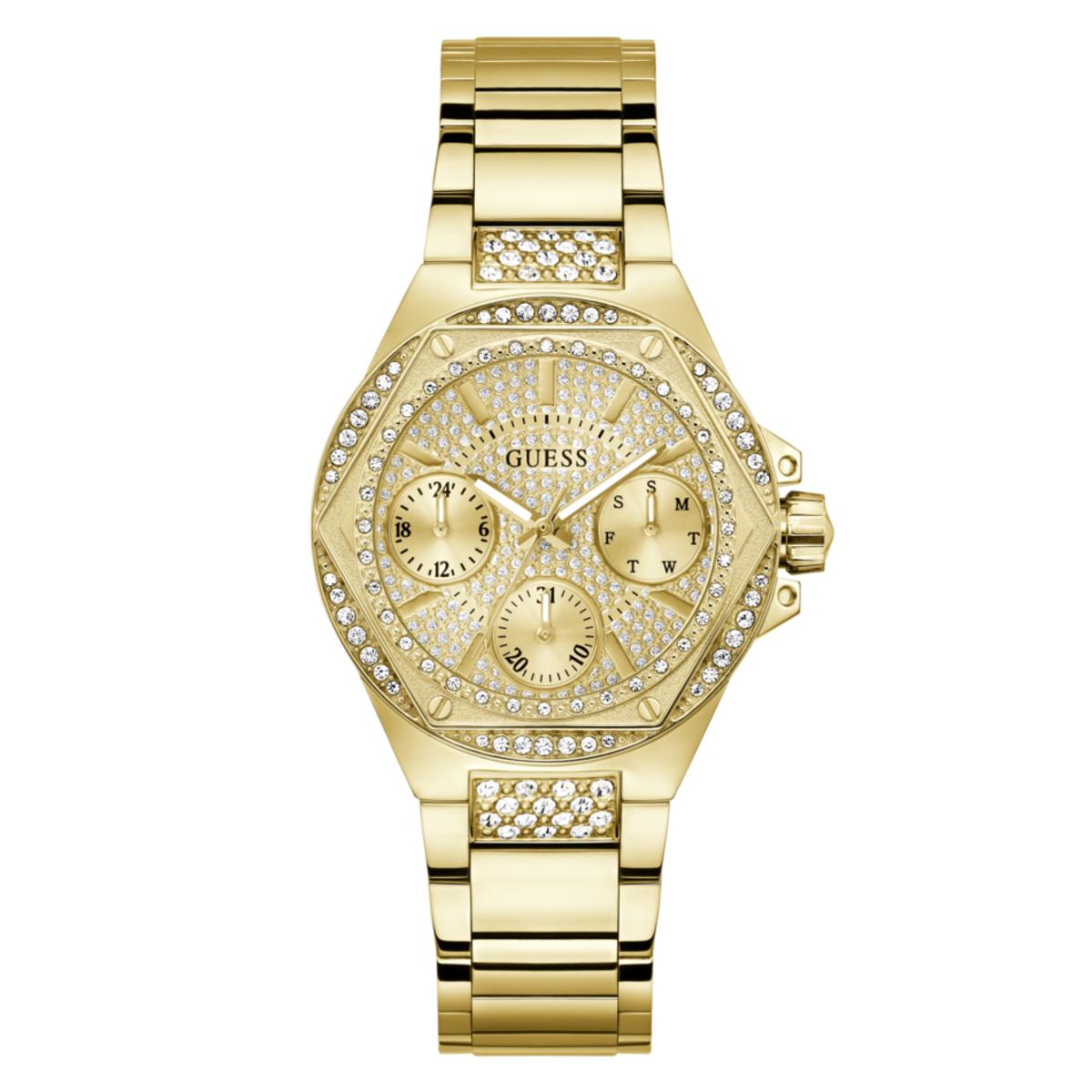 Guess - Reloj mujer GW0878L2 ENVY dorado de acero reciclado brillante con esfera champán y cristales incrustados, brazalete dorado con cierre deployant, multifunción día/fecha/24h, resistente al agua 30 m