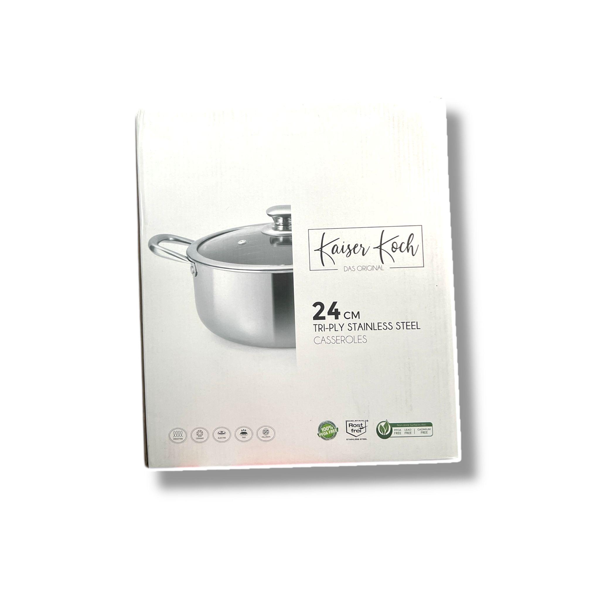 KAISER KOCH - OLLA -  Cacerola de acero inoxidable Triply (con revestimiento de nido de abeja, compatible con inducción, antiadherente y sin PFOA, tapa de cristal resistente al calor
