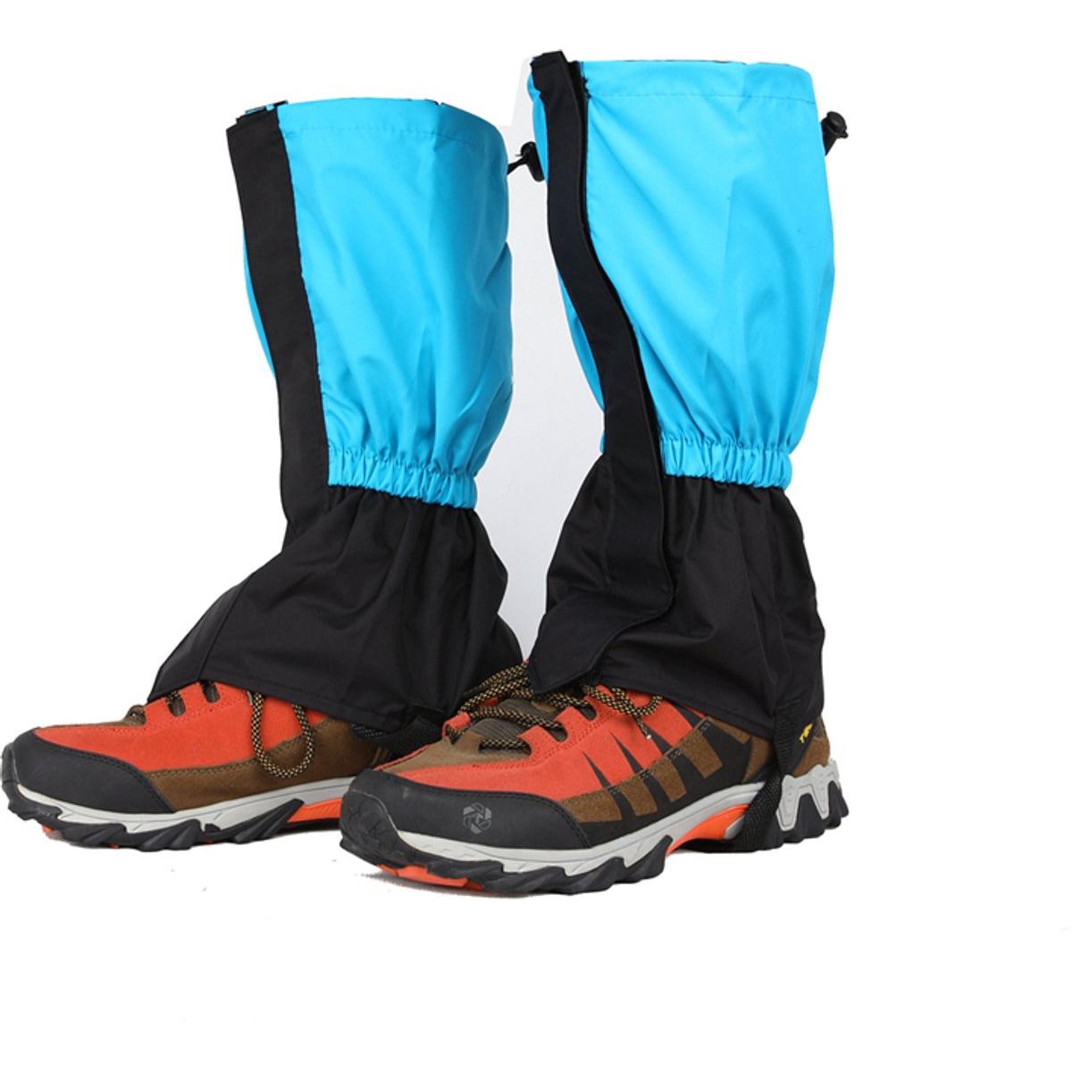 Een paar warme, verlengde schoenovertrekken, verstelbare, waterdichte en ademende beenwarmers voor buitenactiviteiten zoals skiën, bergbeklimmen en jagen, Blauw, 35 cm lang.