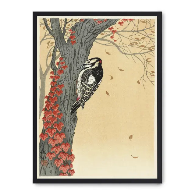 Lámina con marco negro AUTUMN BIRD 21x30 cm, Póster impreso en papel de primera calidad de 180gr, montado sobre marco de madera MDF acabado en negro., Arte - Japonés