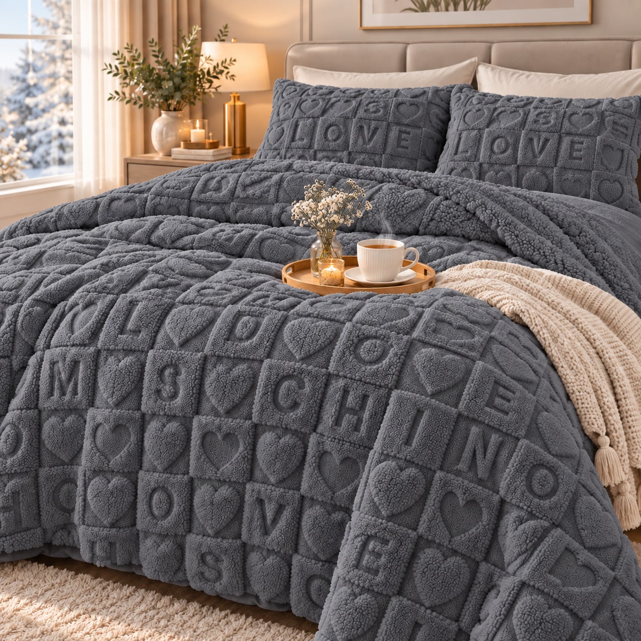 Edredón de Borreguillo Reversible para Invierno con Diseño de Letras y Corazones, Manta Cálida y Suave de 100% Poliéster con Funda de Almohada, Lavable a Máquina