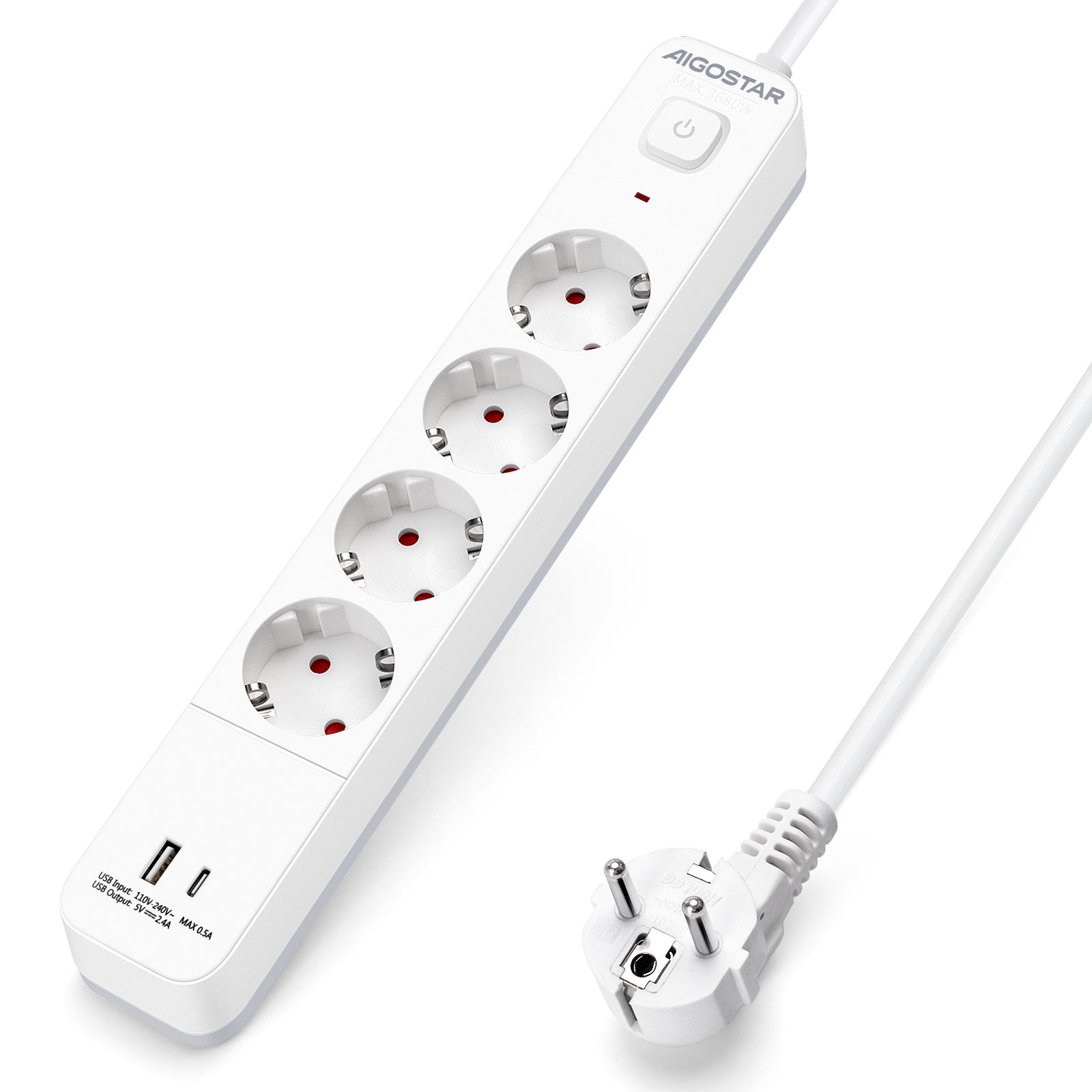 Aigostar Regleta alargador de 4 enchufes con cable de 1.5/3/5 metros e interruptor de USB+TYPE C