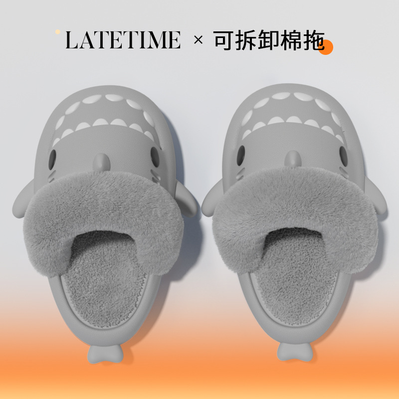 CA Pantuflas de algodón de tiburón extraíbles para hombres, otoño e invierno, hogar, fondo suave, antideslizantes, cálidas y terciopelo, pantuflas de algodón para parejas para mujeres.