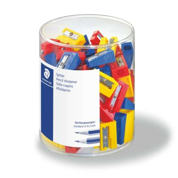 Staedtler pack de 100 sacapuntas de plastico - 1 agujero - angulo de afilado de 23° - colores surtidos