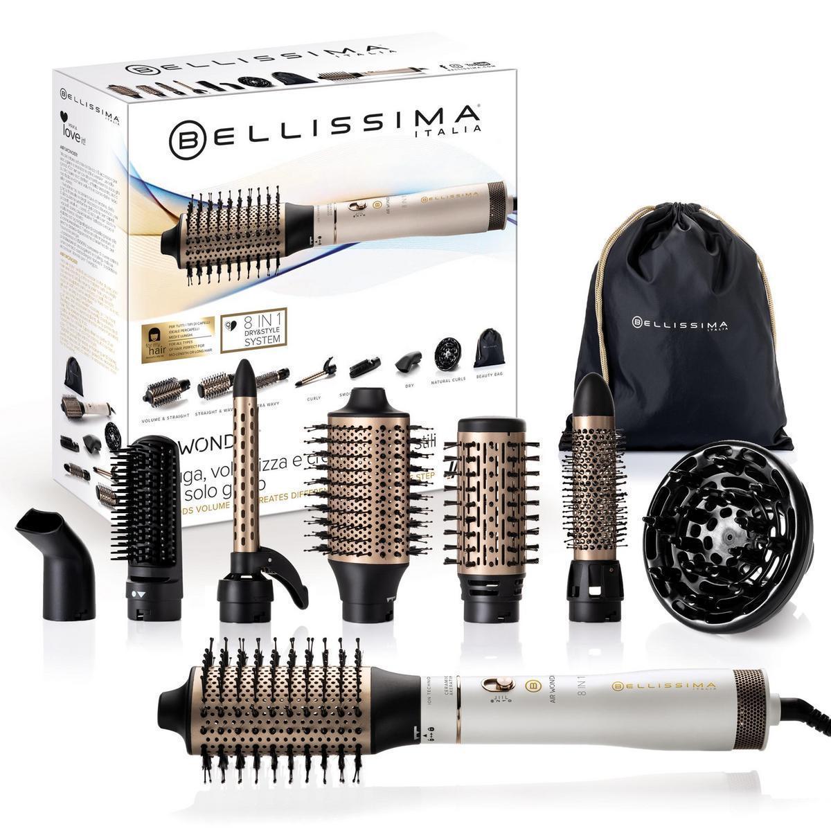 Bellissima Air Wonder - Cepillo De Aire Caliente, Tecnología Ion, 8 Accesorios, 1000W, Revestimiento De Cerámica Y Queratina | ¡Estiliza Y Da Volumen 