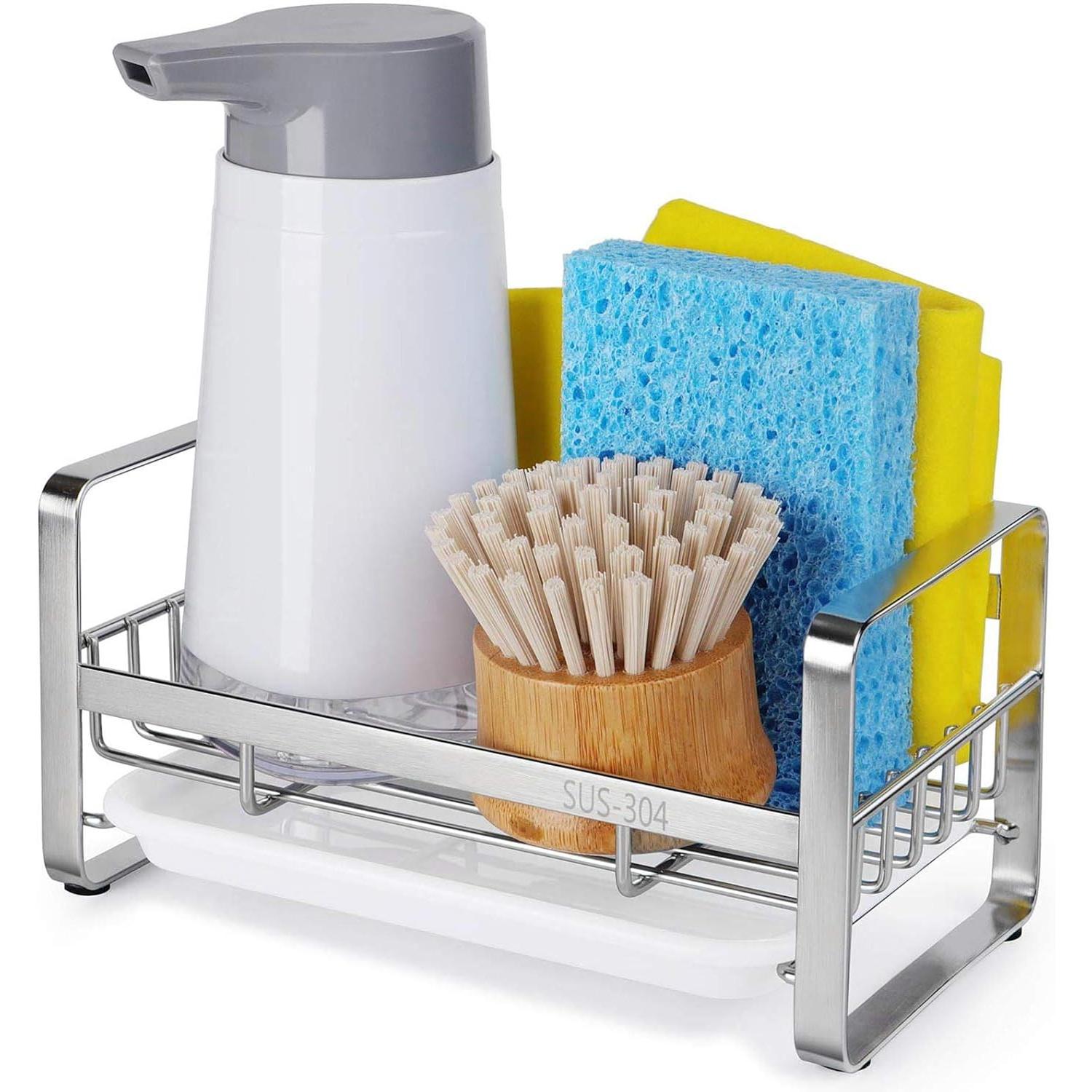 Estante de Esponja para fregadero de Cocina, dispensador de jabón de cocina de Maple inoxidable, organizer con bandeja de drenaje extraible