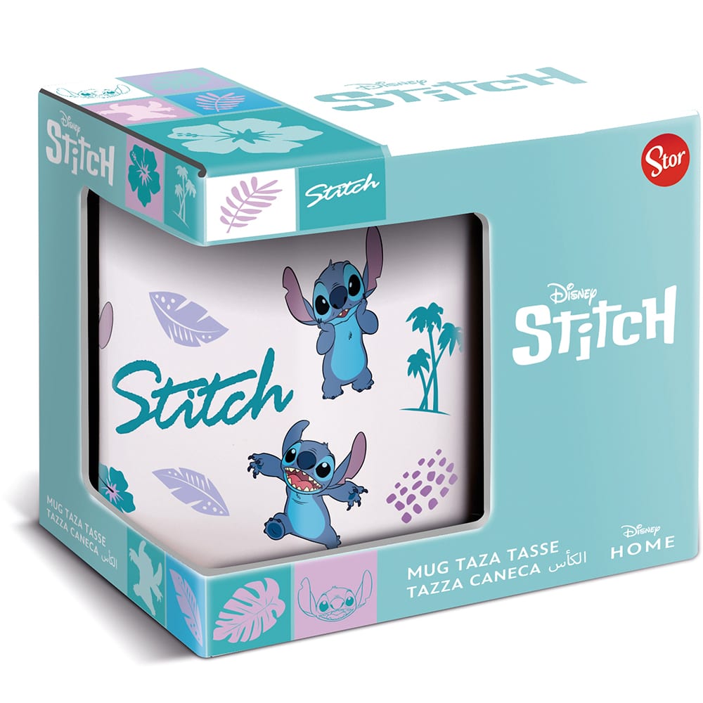 SAFTA | Tazas y Vasos Disney Stitch, Taza de Cerámica Leaves Pattern y Vaso con Pajita y Figura 3D, Desayuno Infantil con Licencia Oficial