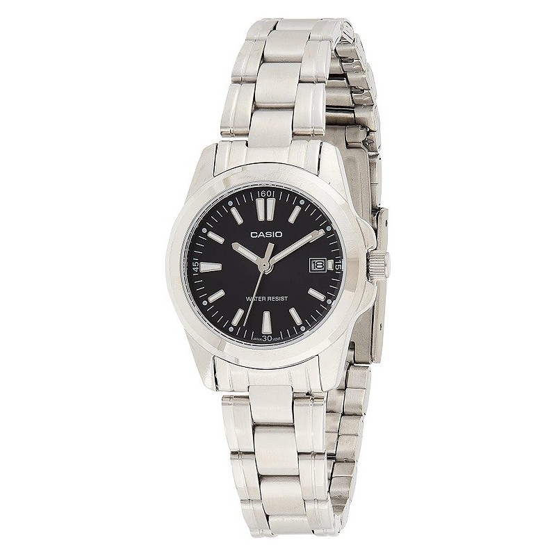 Reloj Casio analógico señora LTP-1215A-1A2 esfera negra con calendario correa plateada metálica LTP1215A1A2