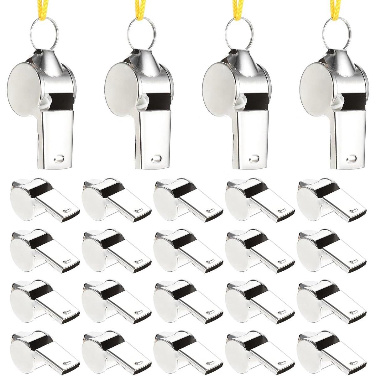 24 piezas - Silbato para exteriores - Silbato para árbitros - Silbato para entrenadores - Silbatos de acero inoxidable - Silbato para profesores y entrenadores - Silbato metálico con cordón - Silbato de sonido fuerte y claro - Para entrenadores, árbitros