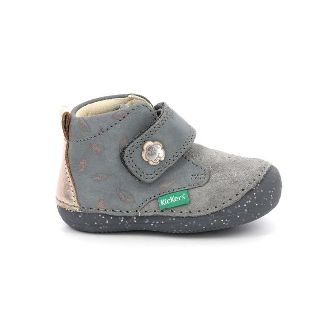 Botines respetuosos Kickers Sabio gris 1 velcro hojas rosa metalizado - Kickers - SABIO GRIS FONCE IMPRIME