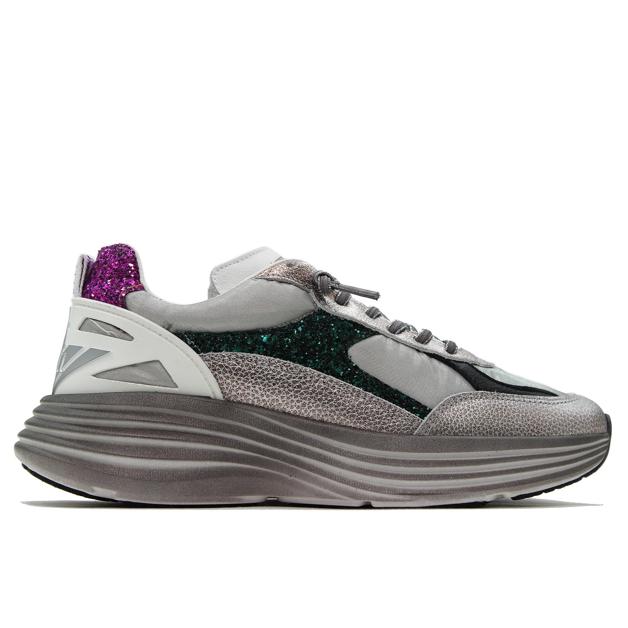 Cetti C-1347 Zapatilla sneaker deportiva casual,piel y tela,vintage,cordón elástico,brillo,estrella,suela de goma para señora
