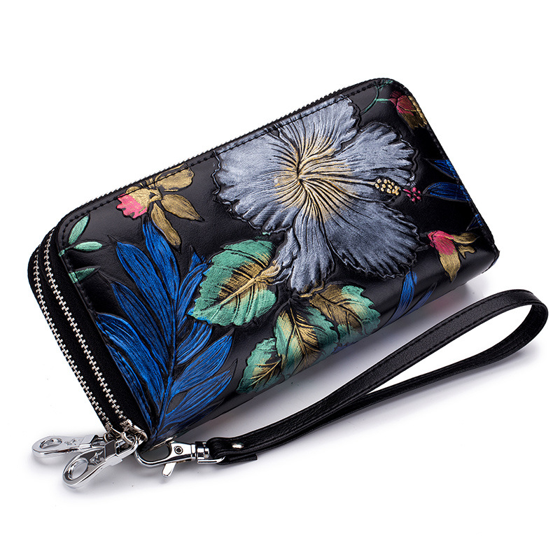Cartera de cuero genuino con doble cremallera para mujer, bloqueo RFID, doble cremallera, pintada a mano con estampado floral en relieve, gran capacidad