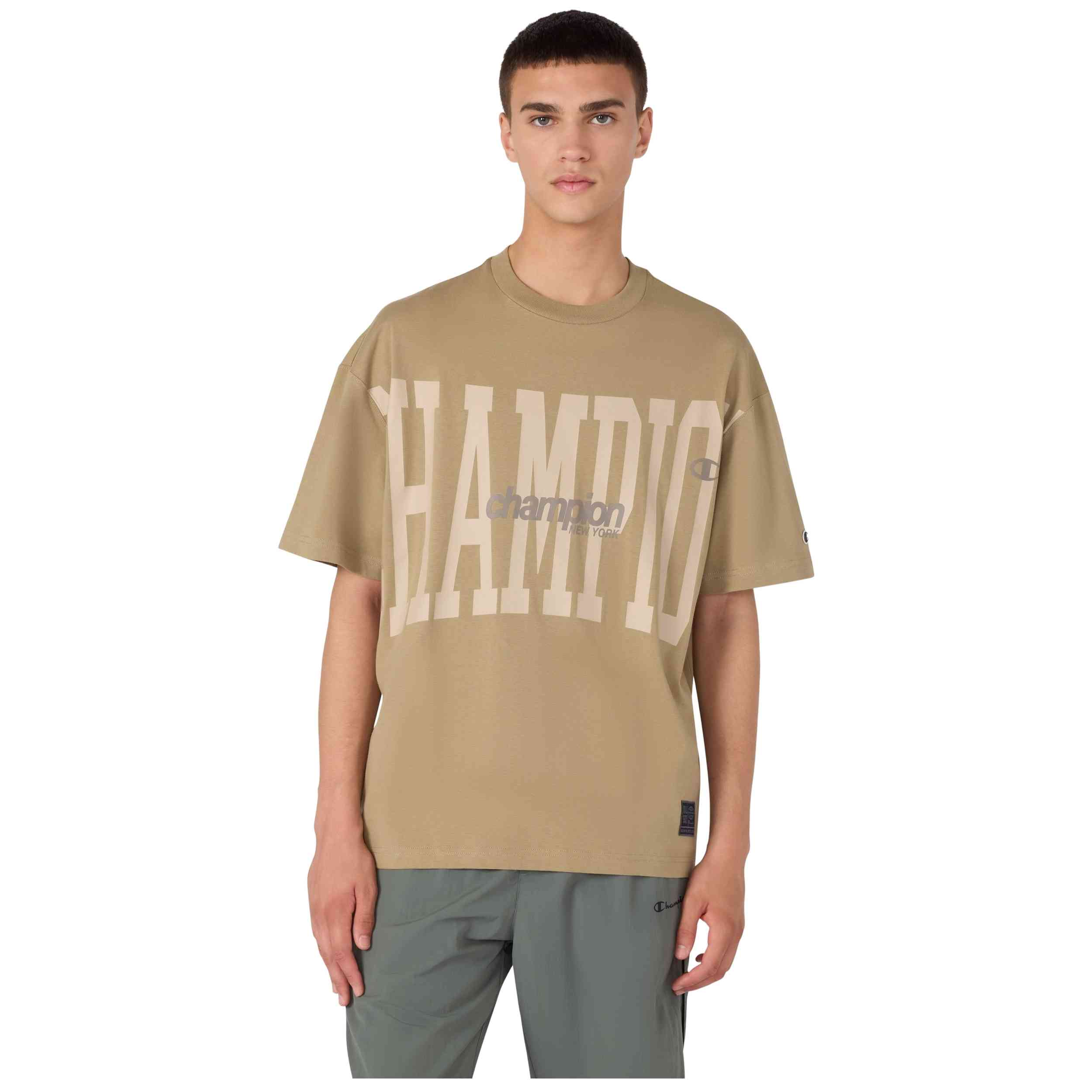 Camiseta De Manga Corta Champion modelo 221309MS100 para hombre y mujer en color Beige