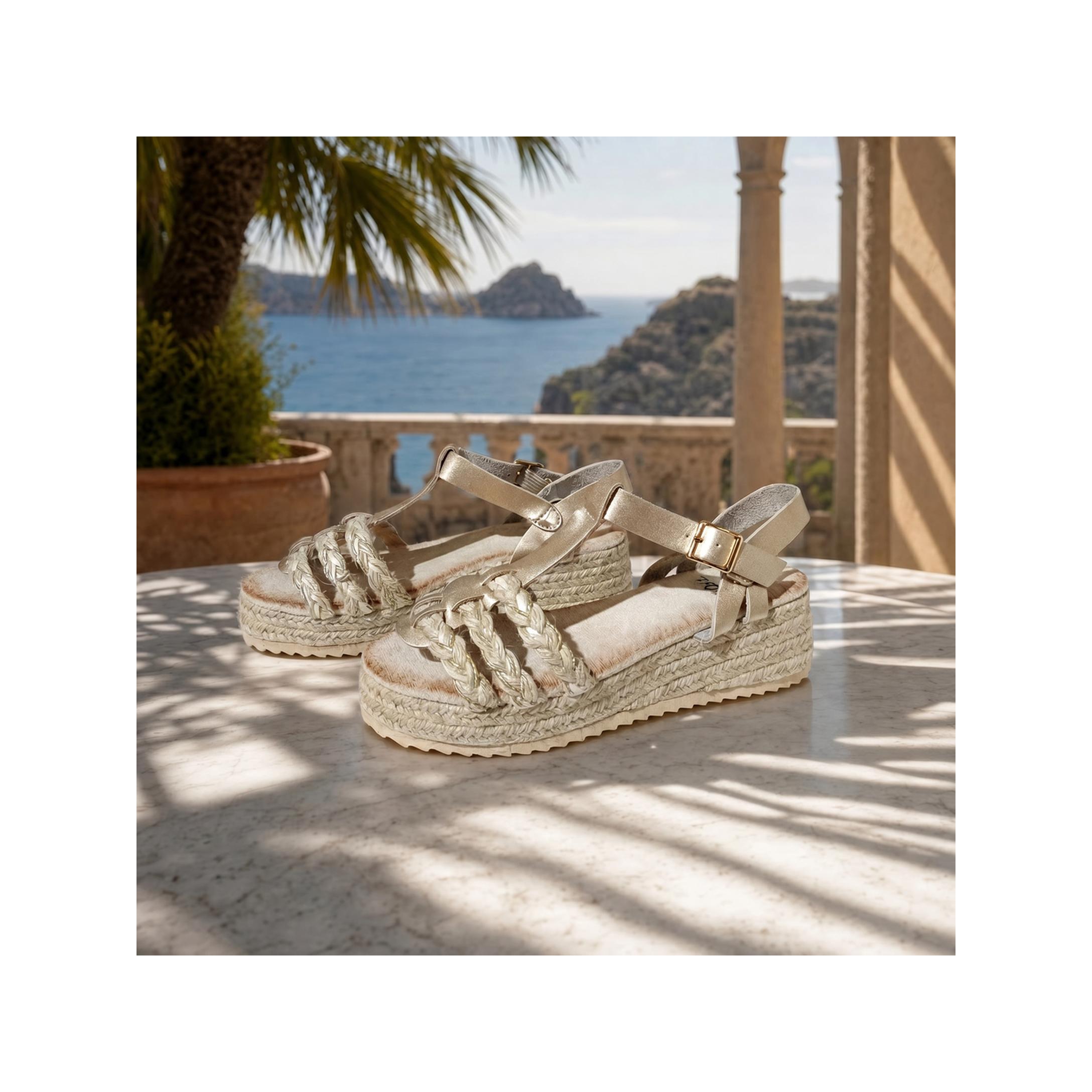 Sandalias de Cuña de Esparto Doradas para Mujer | Alpargatas de Yute con Tiras Trenzadas Elegantes Estilo Metalizado – Nueva Temporada. Sandalias de Plataforma de Yute Metalizadas para Invitada y Eventos
