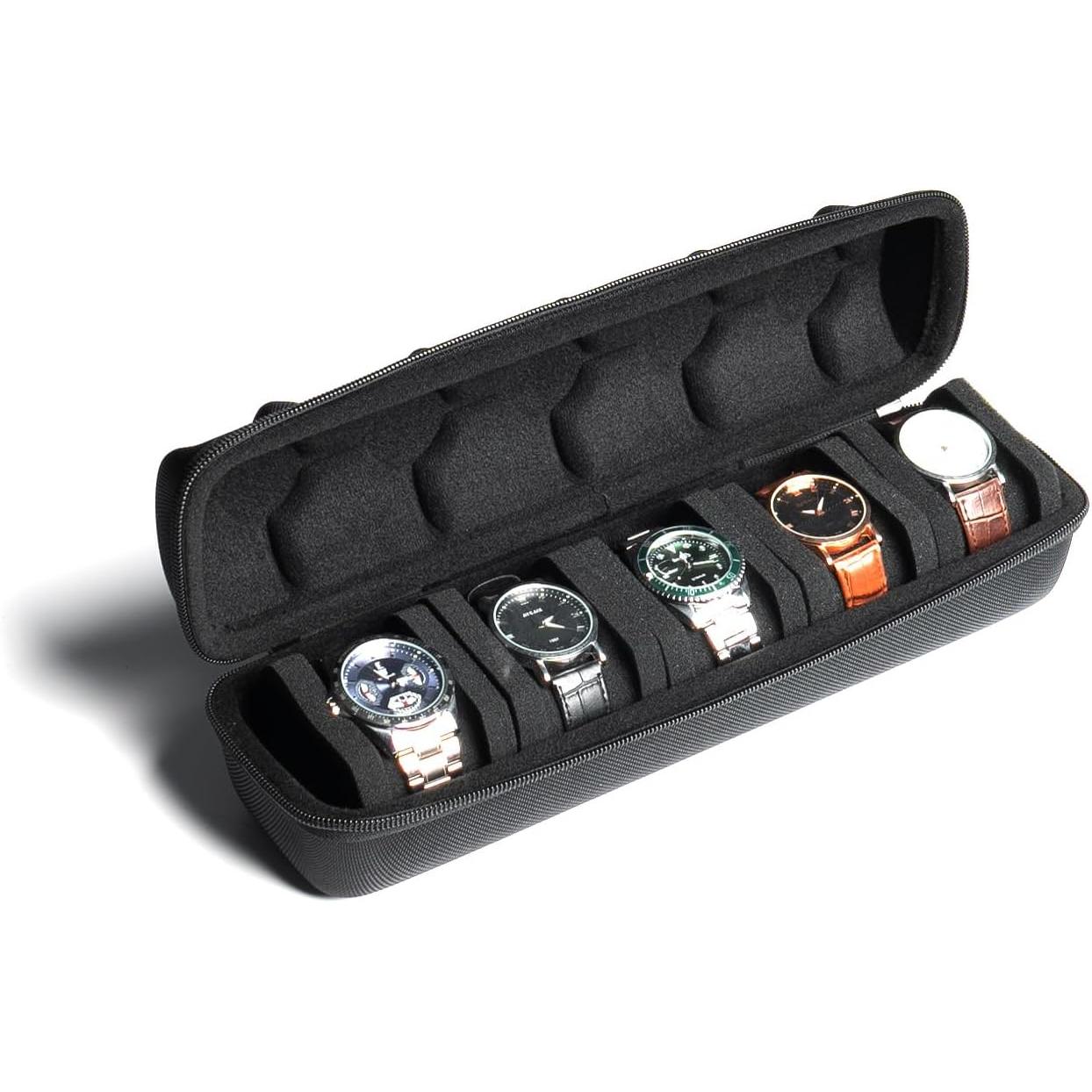 TK Estuche rígido de viaje para reloj, 5 ranuras para reloj con almacenamiento y organizador para hombres y mujeres, con almohada de reloj antimovimiento