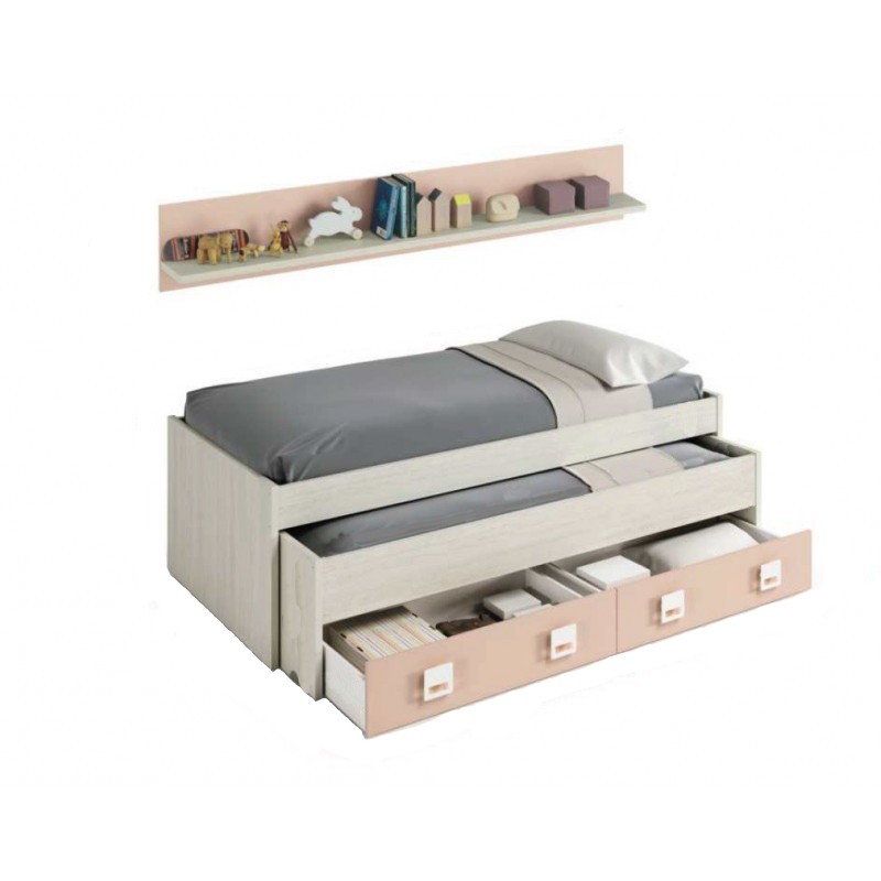 MOBELCENTER - Cama Nido con cajones y estantería Nube Infantil Juvenil - Blanco y Rosa Pastel - Ancho 199cm x Altura 69cm x Fondo 96cm - 0983