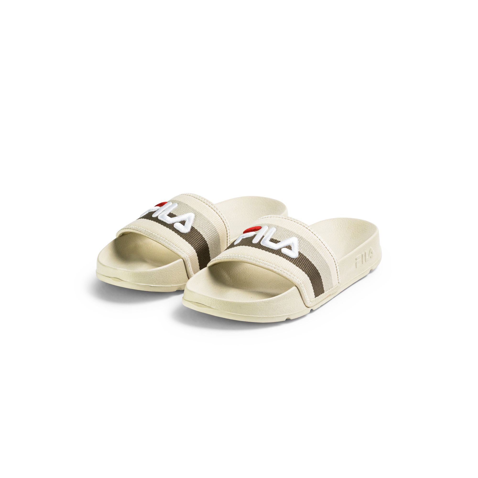 FILA | Chanclas Slide Mujer, Morro Bay Stripes Slipper Wmn, Textil, Tira Tejida a Rayas con Logo Bordado 3D, Plantilla Sintética y Suela Sintética, Negro y Beige, Tallas 36-41