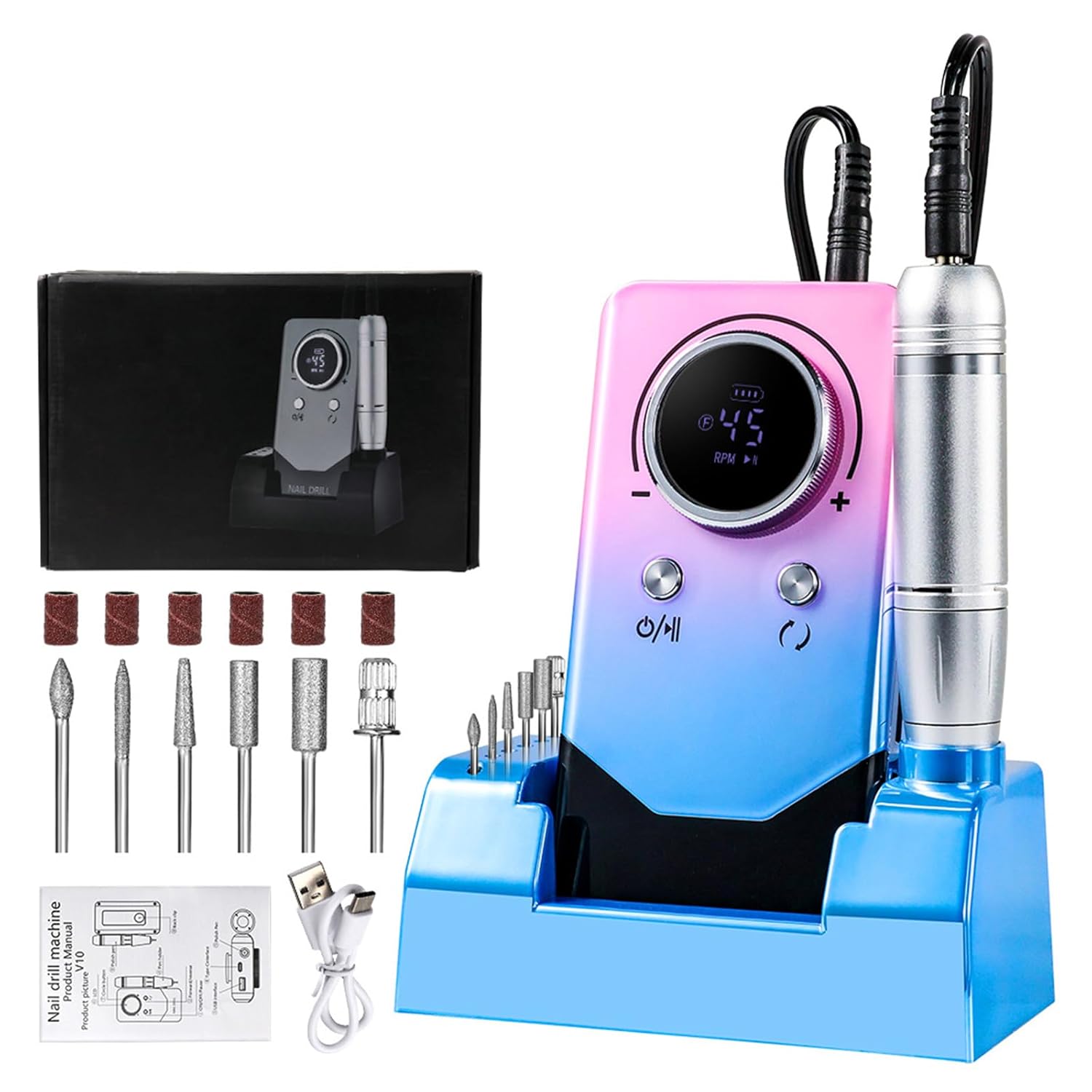 Taladro de uñas portátil de 45000 RPM, lima de uñas eléctrica, kit de taladro de uñas Efile recargable profesional con 6 brocas para uñas y base, máquina perforadora de uñas para pulido de uñas acrílicas en gel