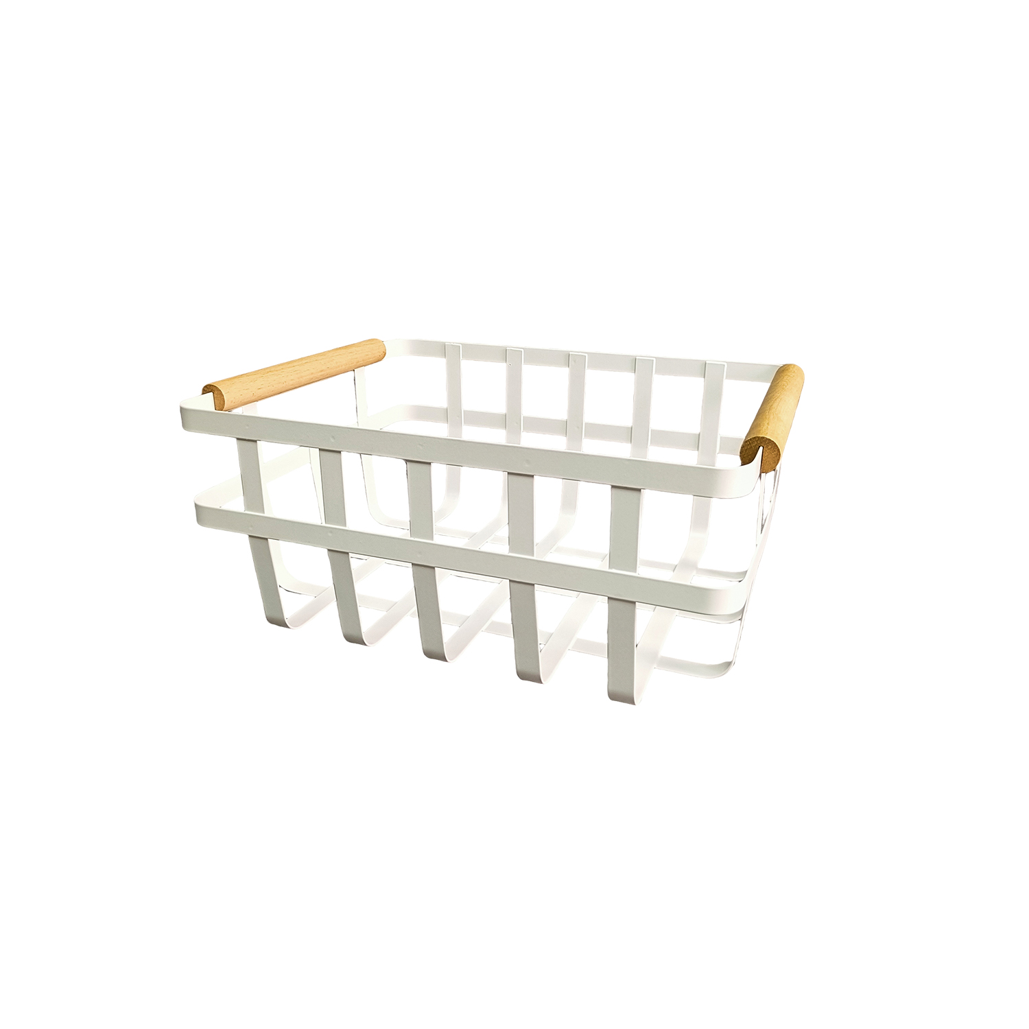 LIN HOME XZ-23324 Cesta Organizadora de Metal con Asas de Madera – Cesta Decorativa Blanca 22×22×6 cm, Ideal para Cocina, Frutas, Pan o Baño – Diseño Moderno y Minimalista