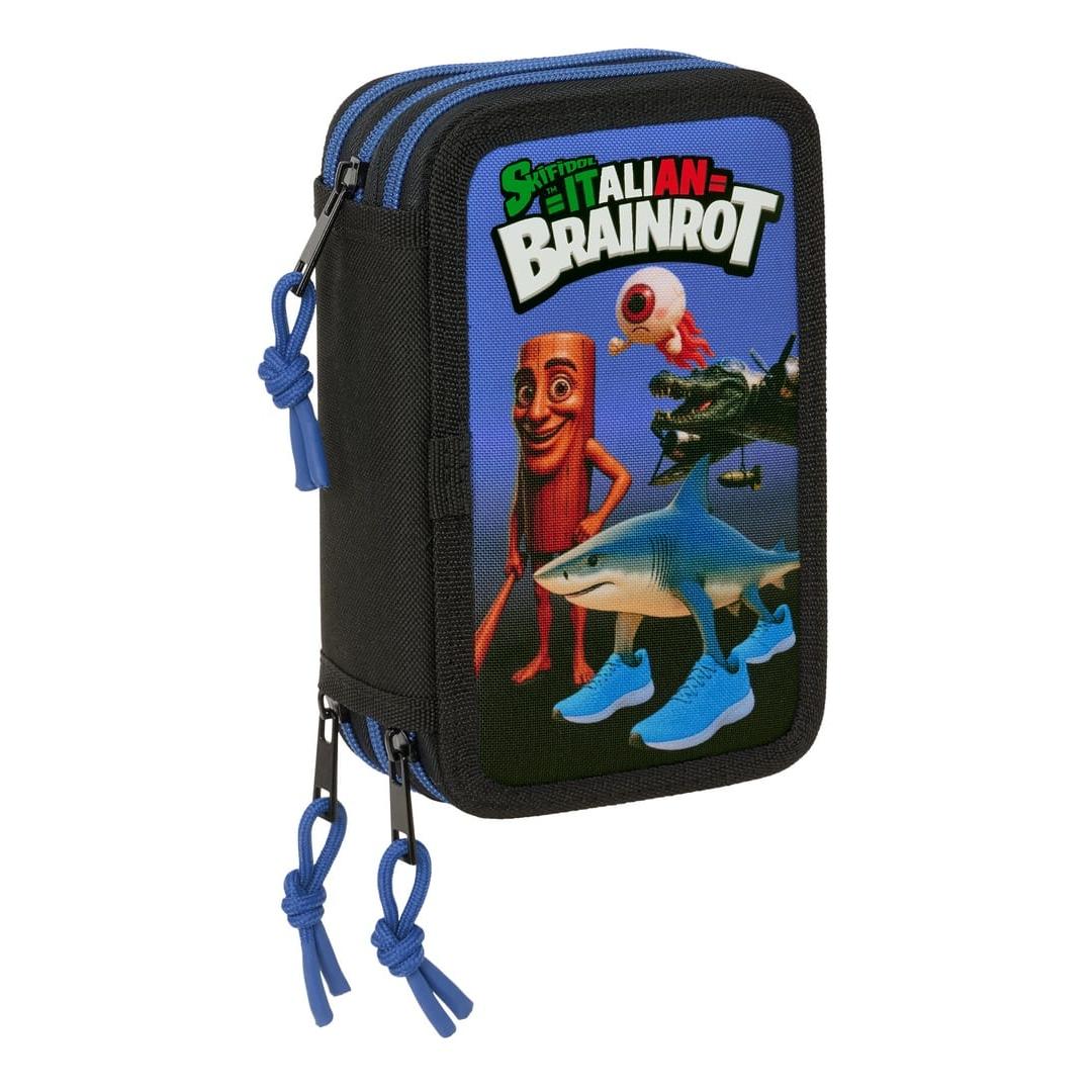 SAFTA | Estuche Portatodo Triple Brainrot para Niño y Niña, 3 Compartimentos con Cremallera y Goma Elástica para Acoplar a Cuaderno o Carpeta, 22 cm, Licencia Oficial, Vuelta al Cole