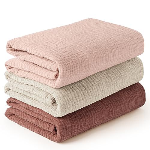 OmHom Conjunto 3 piezas para bebés: Muselina de algodón 100% suave como la nube, toalla envolvente para recién nacidos + manta de 6 capas, cuidado delicado para niños y niñas