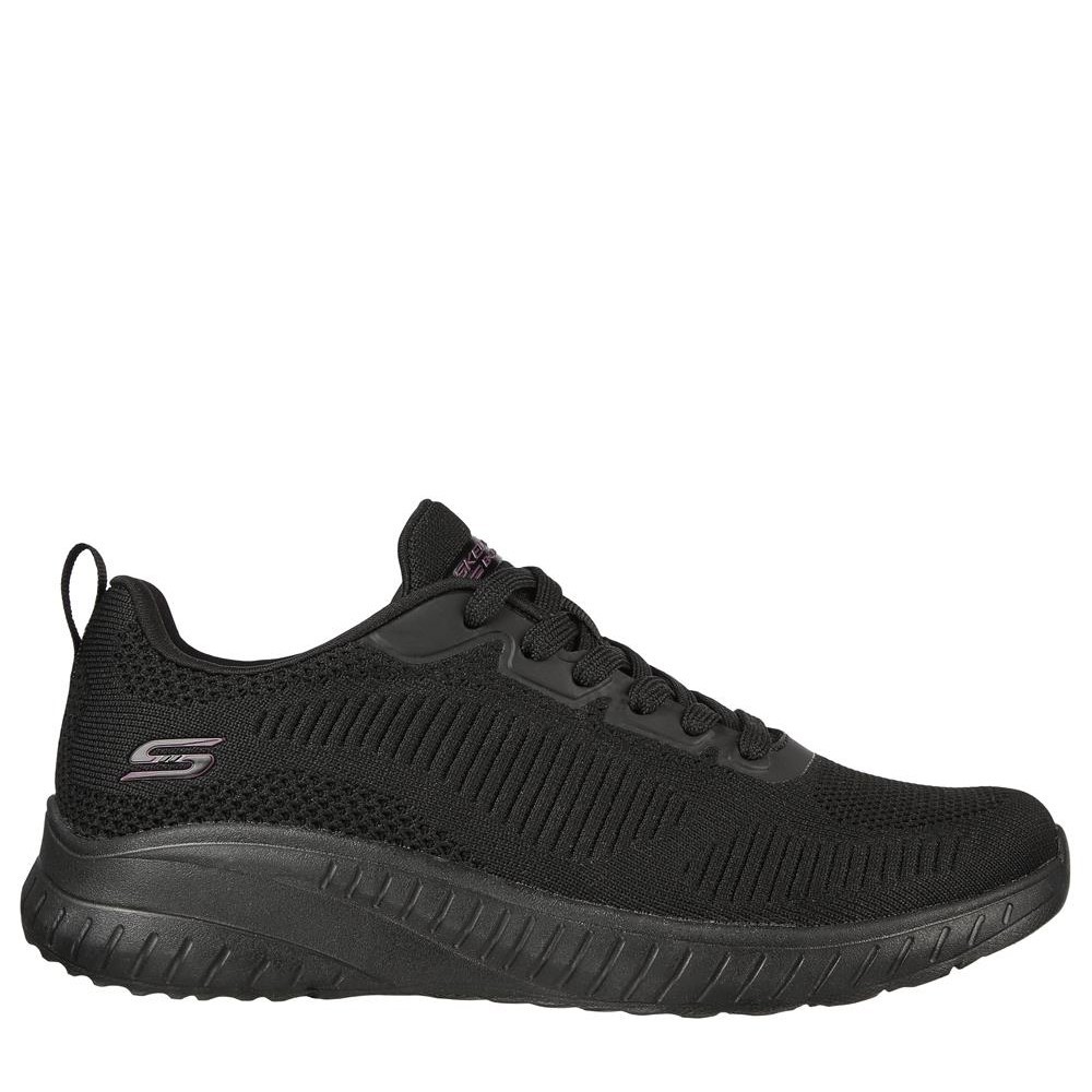 Cómoda  Deportiva mujer Skechers BOBS SQUAD 3 CHAOS FACE OFF en cómodo tejido de punto negro. Nueva suela flexible y ligera de goma. Plantilla Air Cooled Memory-Foam. Altura Tacón bajo (3-5 cm) Referencia 117209-BBK