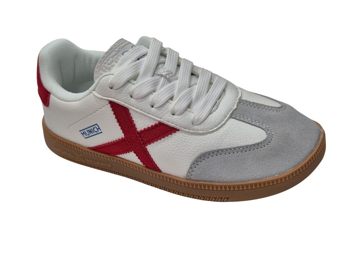 Zapatillas Con Cordon Barefoot Para Niños, Marca Munich, En Color Blanco Con X Rojo. Munich Mini Barru 25.