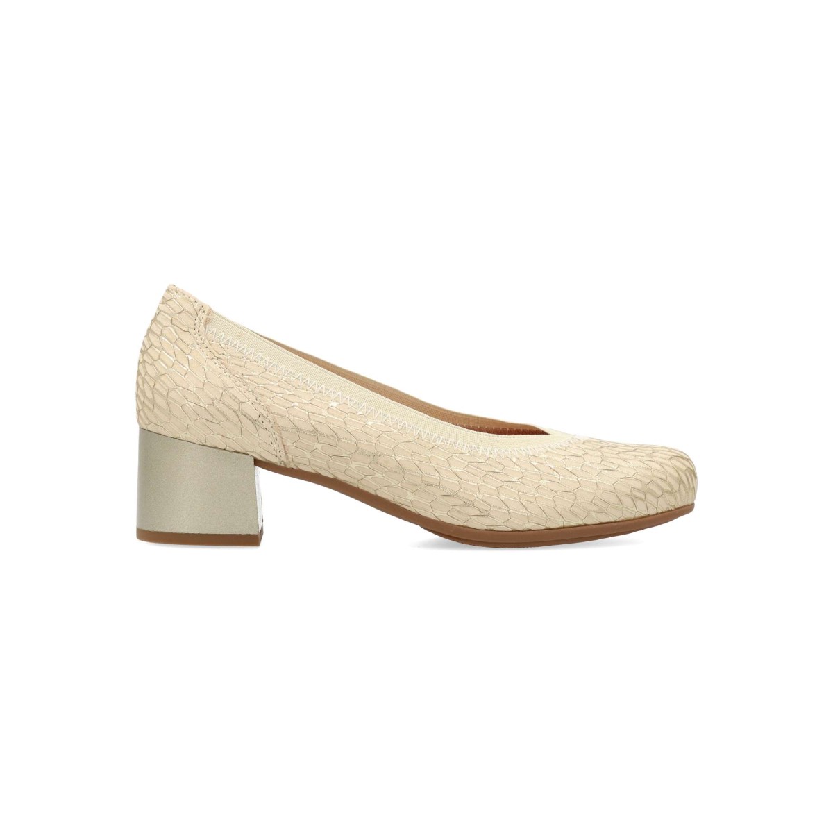 PITILLOS - Zapato salón fantasía oro para mujer, de piel grabada con suela de goma flexible, tacón medio 4,5 cm, diseño elegante y cómodo hecho en España