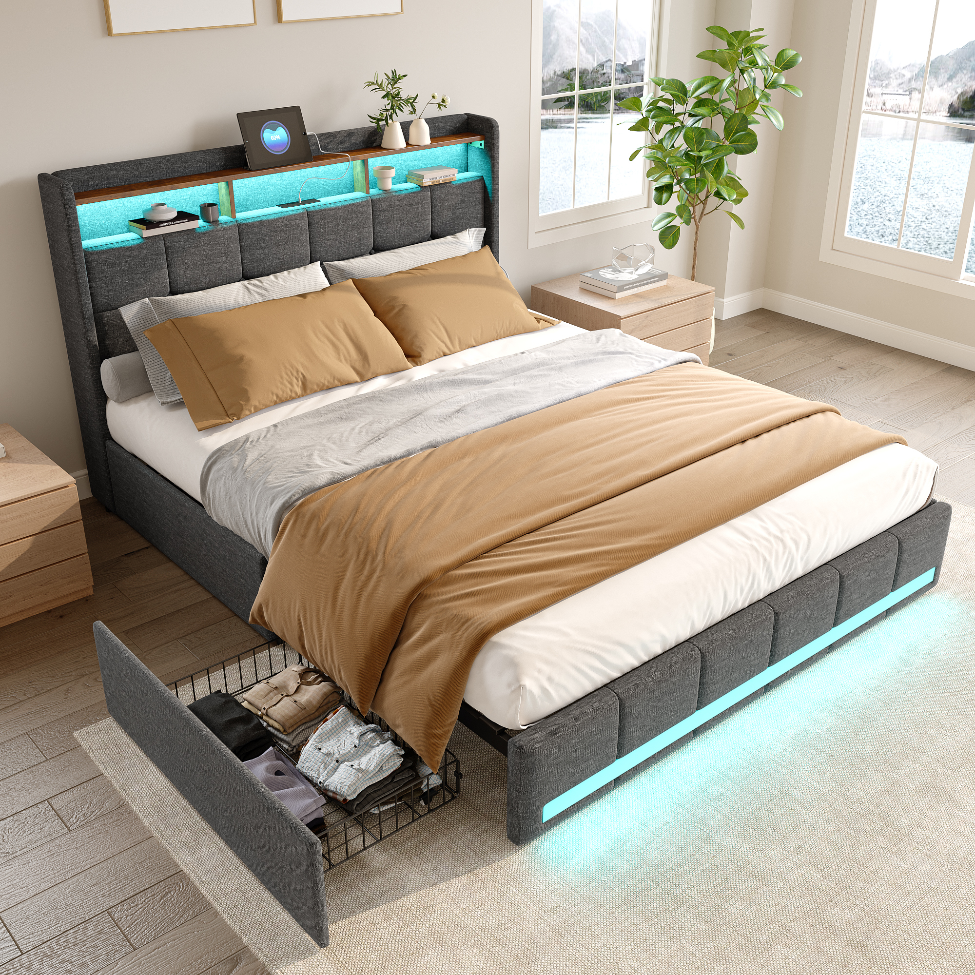 Superaly - Dark Grey Upholstered Bed 140 x 190 cm, Storage Bed with LED and USB & Type-C Charging Function, Double Bed with 4 Drawers, Linen Fabric Bed Frame with Slatted Frame and Headboard