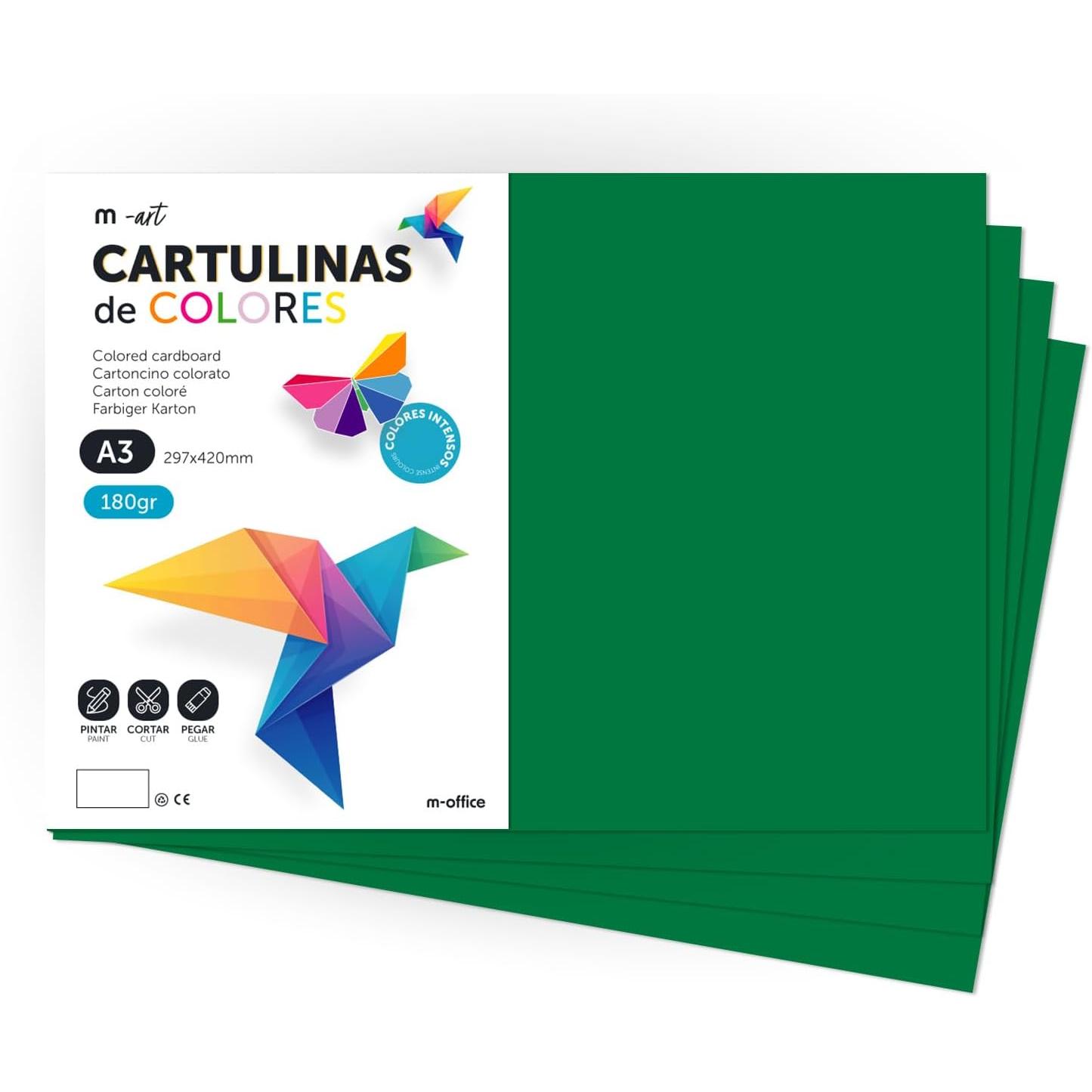 Cartulina de Colores, Cartulina A3 Colores Intensos, Hojas de Colores 180gr para Manualidades, Imprimir tus Documentos y Diseños Creativos, Folios de Colores A3 · m-office