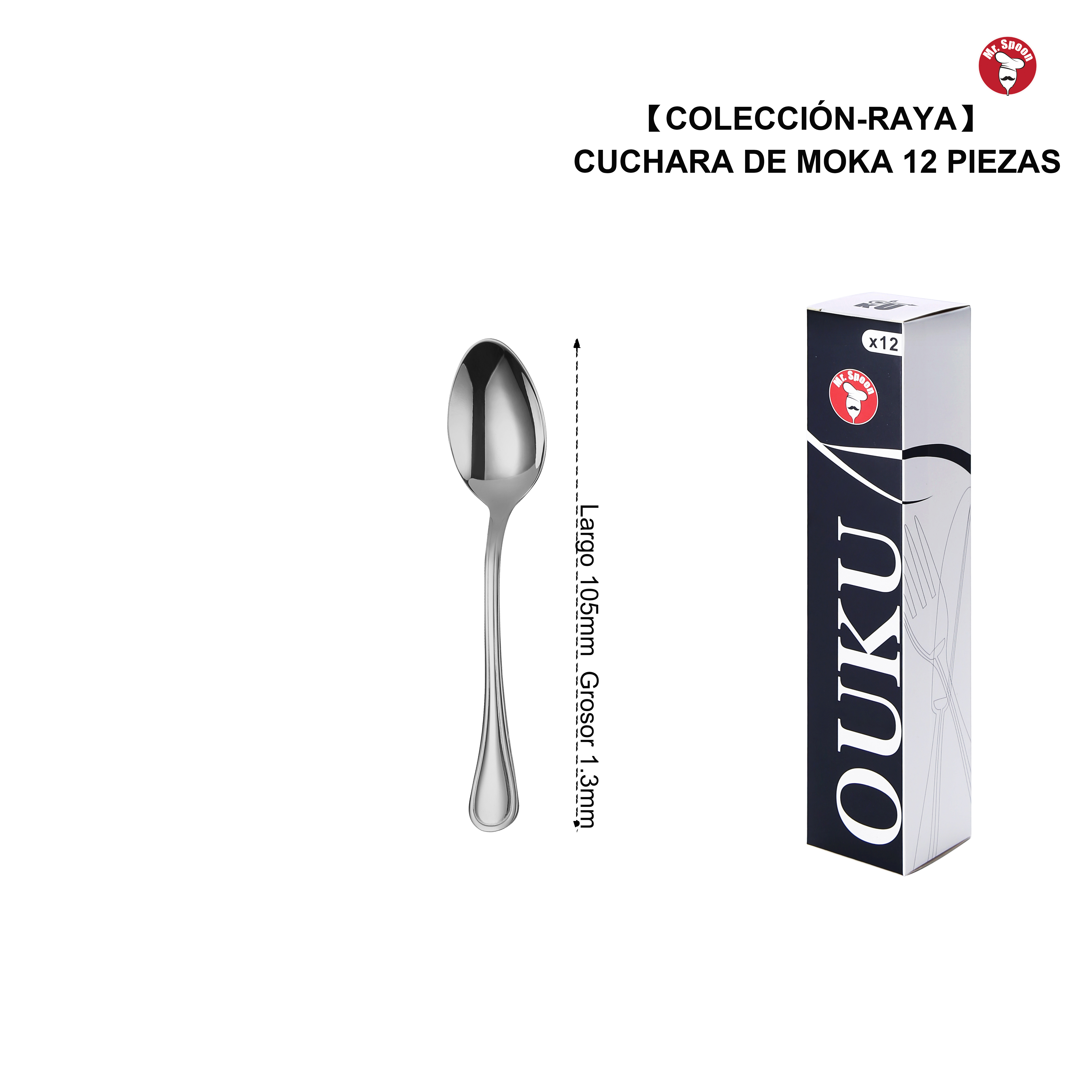 Mr.Spoon Serie Raya Cucharas de 12, 48 o120 piezas,Acero inoxidable 18/0,Plateado,Económico y funcional,Cuchara de té 150mm,cuchara de café 125mm,cuchara moka 105mm,Mango monobloque,Apto para lavavajillas.Empaque ecológico,Idea para casa,hotel,restaurante