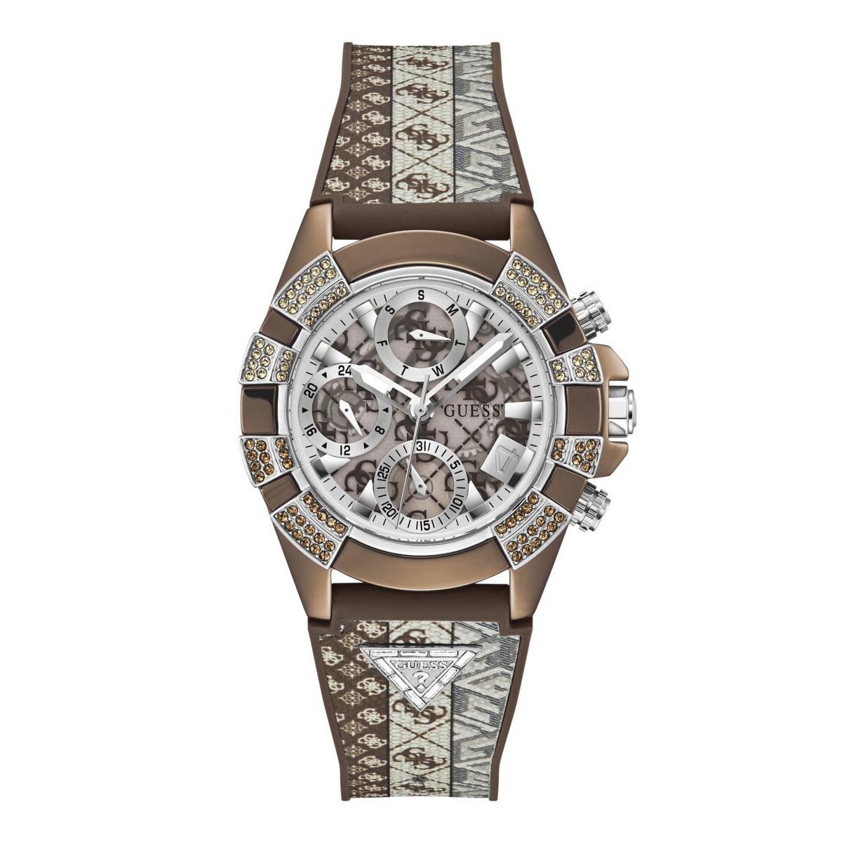 Guess Reloj Mujer Caja De Acero Reciclado Pulsera Genuine Leather, Silicona De Color Marrón Resistente Al Agua 1 Atm Gw0813l2
