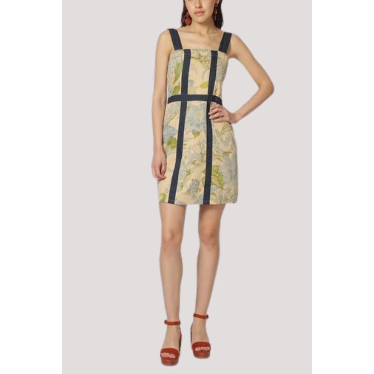 Vestido mujer corto, dress estampado floral moderno, escote cuadrado, tirante ancho contraste, cierre cremallera, corte recto, azul, cómodo, elegante, talla M, ideal outfits diarios o eventos ✅Entrega 24/48h