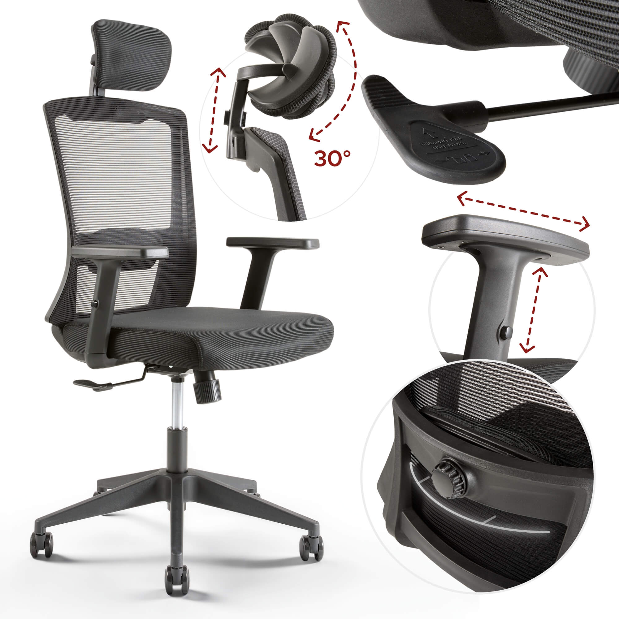 AREBOS Silla de oficina ergonómica silla escritorio con reposacabezas ajustable