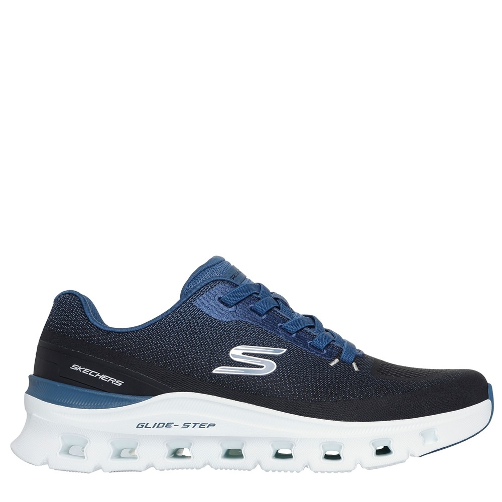 Cómoda  Zapatilla hombre Skechers GLIDE STEP PRO WAVERRA en malla azul. Plantilla Memory Foam® Suela ligera geométrica Glide-Step® con perforaciones amortiguadora. Altura Tacón bajo (1-3 cm) Referencia 233132-BKBL