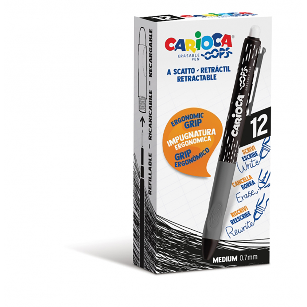 Carioca Oops Boligrafos Borrables - Tinta Negra Termo Sensible - Empuñadura Ergonomica Triangular - Punta de Ø 0.7mm - Recambios Compatibles - Color Negro
