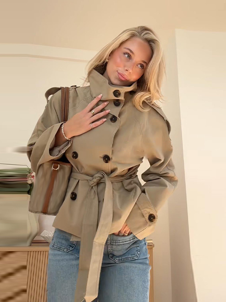 TK Chaqueta De Trench Corta Con Cinturón Para Mujer Doble Botón Collar Stándar Estilo Casual Vintage Otoño 2025 Prenda De Moda