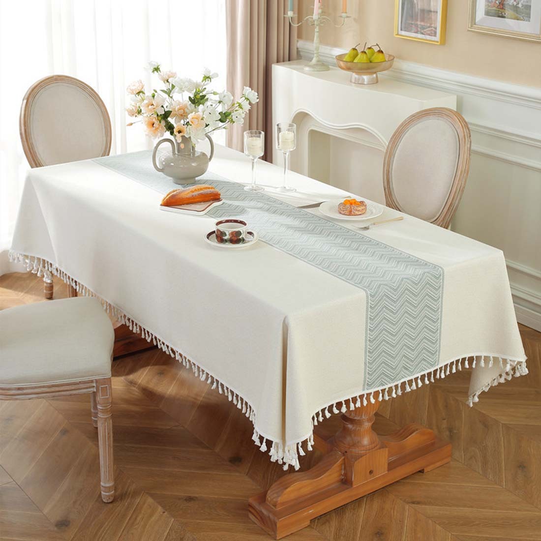 Mantel rectangular impermeable para el hogar, mantel de tela para mesa de centro con borlas, blanco, 110x170cm