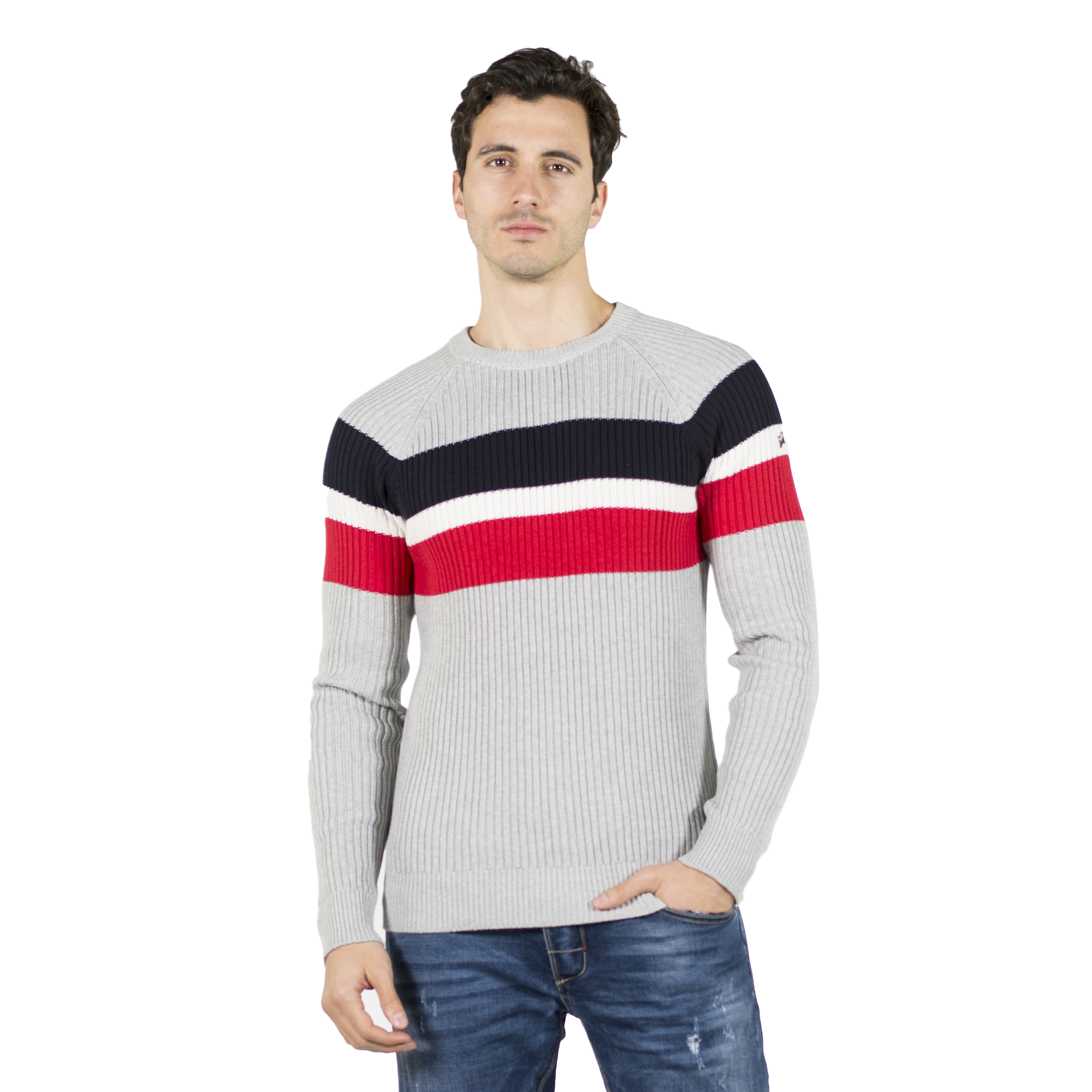 Koroshi - Jersey de punto canalé hombre con rayas a contraste y bordado en manga, 100% algodón fino, estilo urbano casual para entretiempo